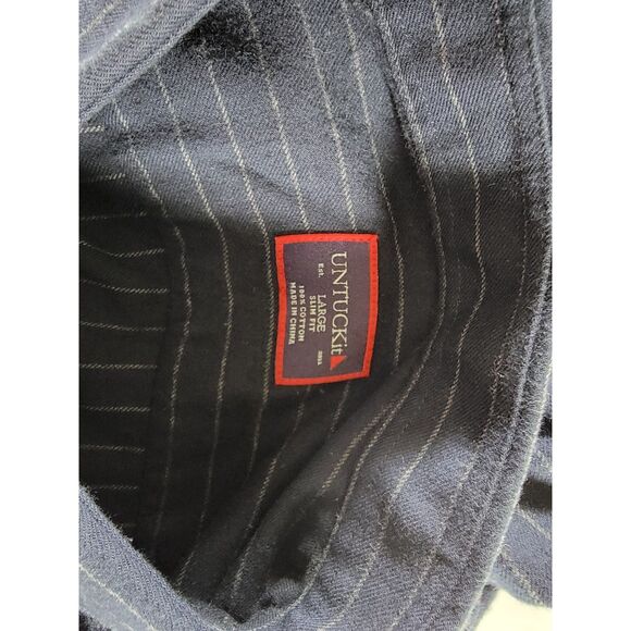 UNTUCKit Slim Fit Navy Blue Striped Long Sleeve Button Shirt - Large - Picture 6 of 7